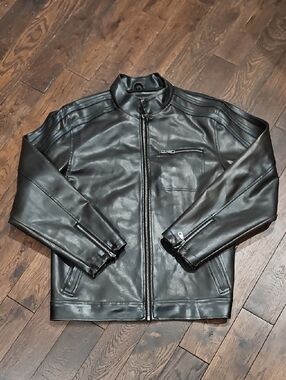 Men's Black/ Brown Leather Zip-Front Jacket Moto Jacket Sz Medium